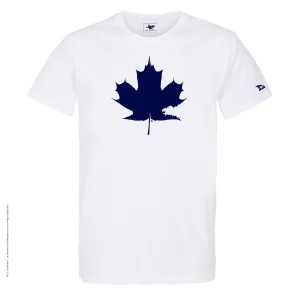 Dessin FEUILLE ERABLE Bleu Marine - T-shirt Blanc Col Rond