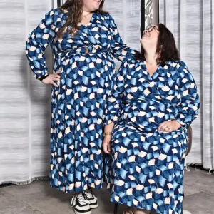 Robe longue imprimé feuille bleu